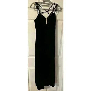 Vintage 90s Black Velour Velvet Spaghetti Strap Maxi Dress Jewel Detail ILGWU